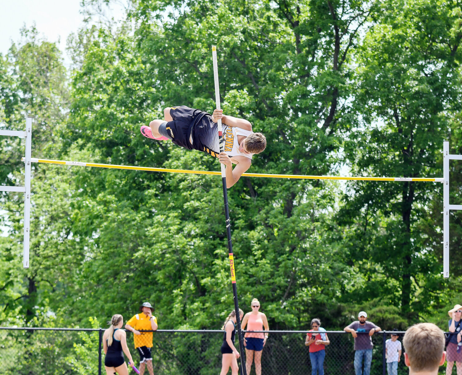 Gavin Schwartze clears the bar during Saturday’s MSHSAA Class 1, Sectional 1 Track Meet at New Haven High School. He placed second in the event to advance to state this weekend in Jefferson City.